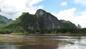 Mekong River and Boat in Pak Beng, Laos